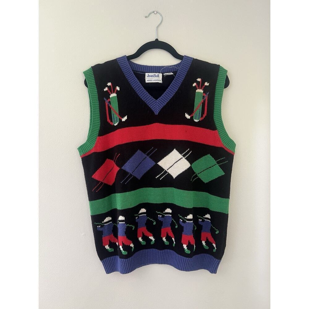 Vintgae Jean Bell Knit Golf Motif Sweater Vest Novelty Teacher M hand loomed
